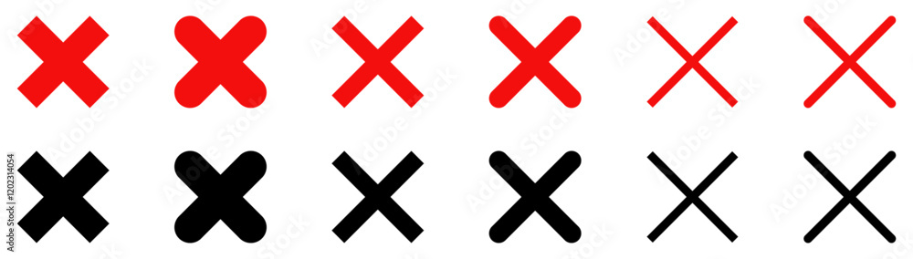 Obraz premium Cross x mark icon collection. Set of cross x mark vector icons red and black color. Wrong mark sign symbol. Cross sign. Cross x for check box. False icon symbol. Reject and cancel vector illustration.
