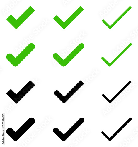 Set of check mark vector icons in green and black color. Approve tick symbol.  Tick mark sign. Accept okay symbol for improvement. Correct vote choice symbol isolated. Vector illustration.
