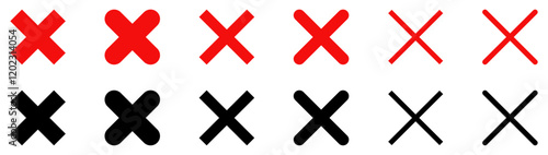 Cross x mark icon collection. Set of cross x mark vector icons red and black color. Wrong mark sign symbol. Cross sign. Cross x for check box. False icon symbol. Reject and cancel vector illustration.
