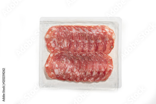 salami sliced in a package cut out on a white background. Top view. packaging template mockup collection