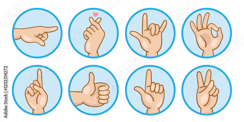 Set of eight avatar icons showing different hand symbols. Children's hands with various emotions. In blue circles. Isolated on white background. Vector illustration.