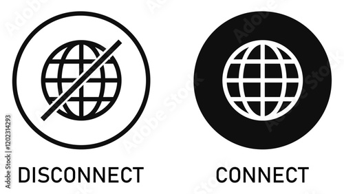 Set of online, offline, connect or disconnect internet connection icons. Globe icon with no signal and good signal sign symbol. Internet connection online and offline sign symbol. Vector illustration.