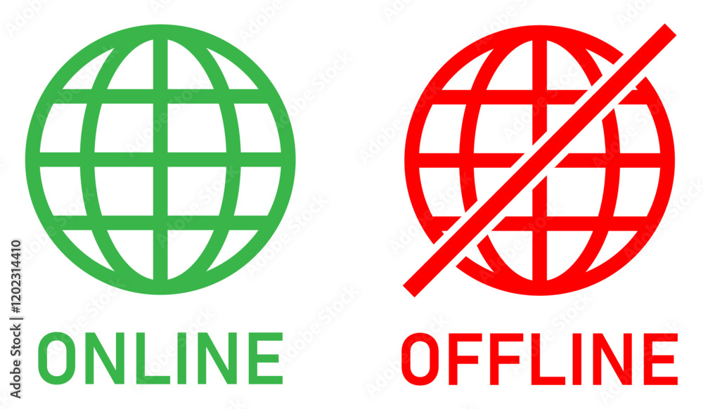 Set of online and offline internet connection icons green and red color. Globe icon with no signal and good signal sign symbol. Internet connection online and offline sign symbol. Vector illustration. Set of online and offline internet connection icons green and red color. Globe icon with no signal and good signal sign symbol. Internet connection online and offline sign symbol. Vector illustration.