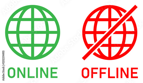 Set of online and offline internet connection icons green and red color. Globe icon with no signal and good signal sign symbol. Internet connection online and offline sign symbol. Vector illustration.