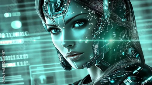 Wallpaper Mural A portrait of a cybernetic woman with glowing facial features is set against a complex, digital environment filled with data Torontodigital.ca