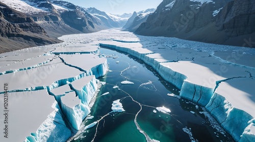 Stunning aerial view of a glacial river flowing through a fractured ice sheet in the Arctic. Breathtaking landscape photography.