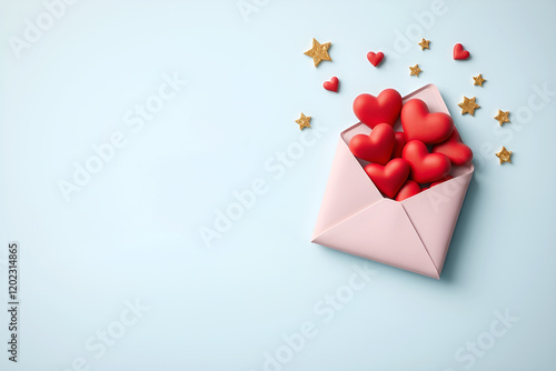 A pastel-colored, flat lay image of a pink envelope overflowing with small, red hearts, set against a light blue background. photo