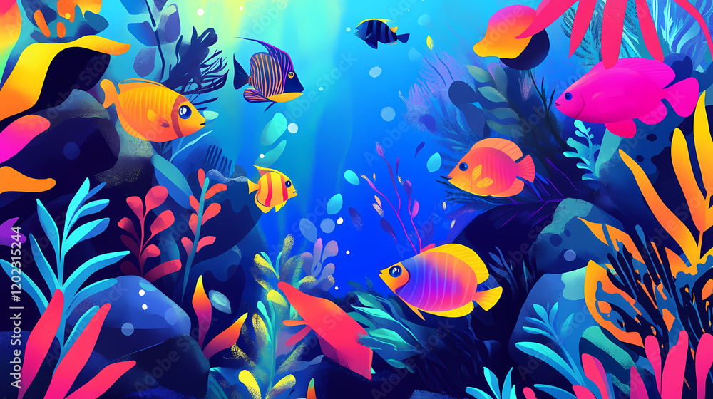 Fototapeta premium Brightly colored aquarium fish swimming in a vibrant underwater world with lush plants and rocks. generative ai. Shimmering Underwater World. Illustration