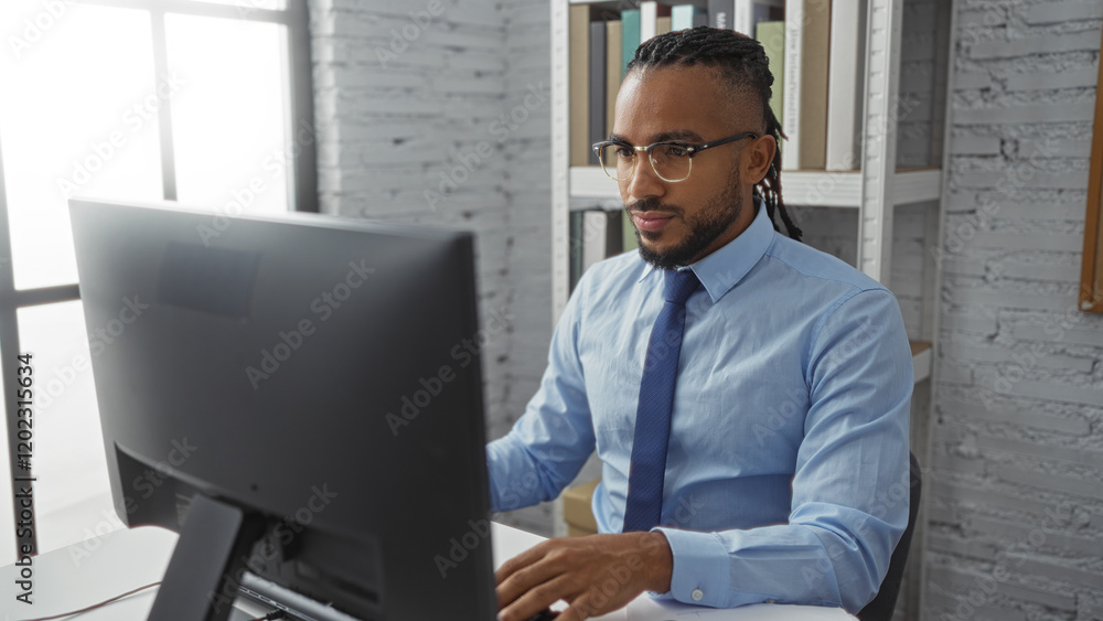 Young man with braids working at a computer in a modern office setting, wearing glasses and a blue shirt, portraying focus and professionalism. Young man with braids working at a computer in a modern office setting, wearing glasses and a blue shirt, portraying focus and professionalism.