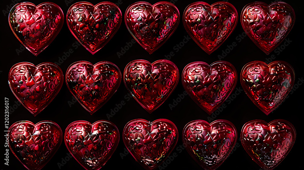 Metallic red hearts arranged in a structured pattern on black Metallic red hearts arranged in a structured pattern on black