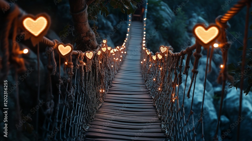 Obraz premium Narrow rope bridge spanning a canyon, decorated with heart-shaped vines and romantic lighting casting soft shadows, gentle evening wind