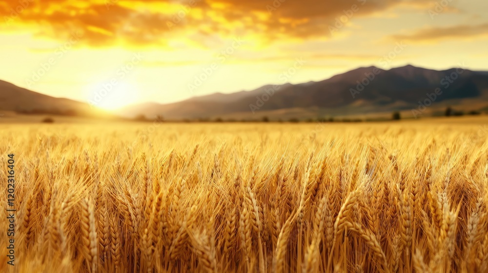 Fototapeta premium Golden wheat field sunset landscape, mountains background; nature, agriculture, harvest
