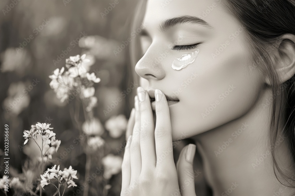 Peaceful woman applying cream in natural setting evoking aspiration Peaceful woman applying cream in natural setting evoking aspiration