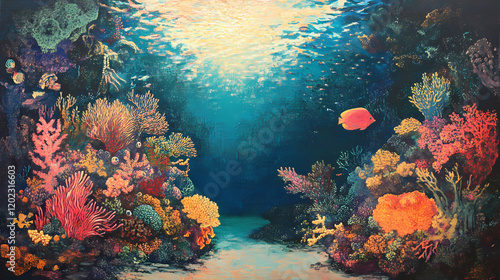 Fototapeta Naklejka Na Ścianę i Meble -  Mystical underwater scene: dive into a captivating underwater world filled with vibrant coral reefs, shimmering light, and the promise of hidden wonders. Shimmering Underwater World. Illustration