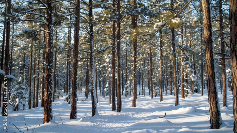Snowy Winter Forest with Tall Pine Trees and Sunlight Snowy Winter Forest with Tall Pine Trees and Sunlight