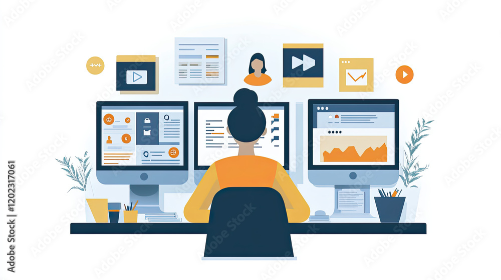 Focused Professional Working on Multiple Screens in a Modern Office Environment