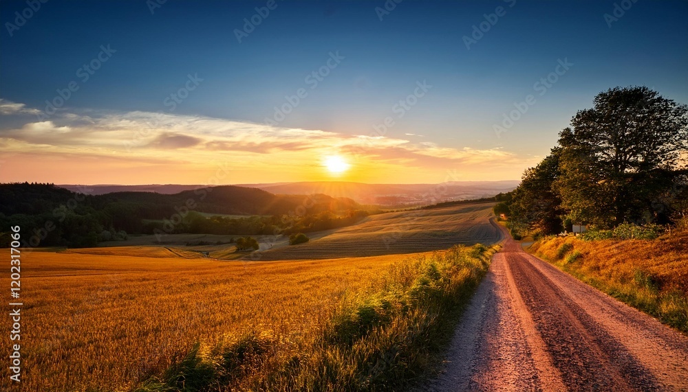 saarland nnsonnenuntergang blick uber die landschaft des sankt wendler landes bei st wendel mit feldweg im gegenlicht saarland nnsonnenuntergang blick uber die landschaft des sankt wendler landes bei st wendel mit feldweg im gegenlicht