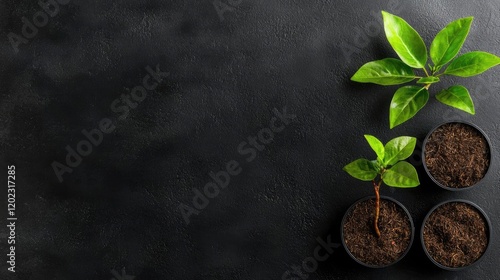 Young plants growing in pots on dark background;  space for text; eco concept