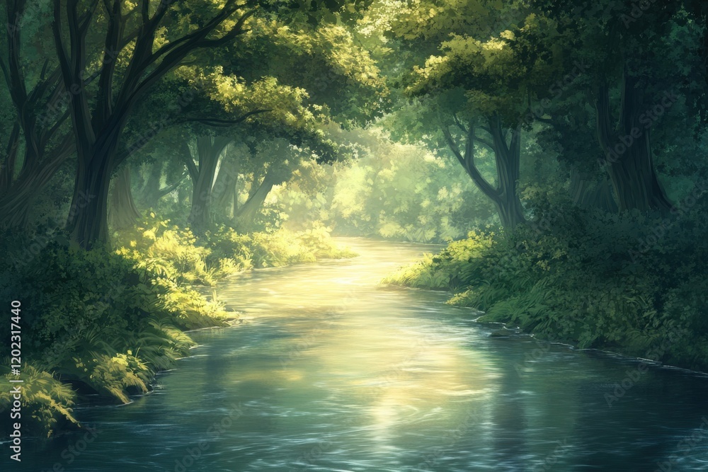 Fototapeta premium Sunlit forest stream surrounded by lush trees