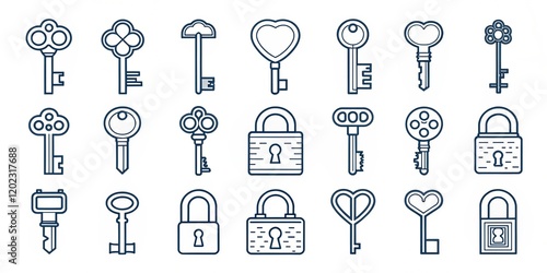 keys and locks line-style icon collection.