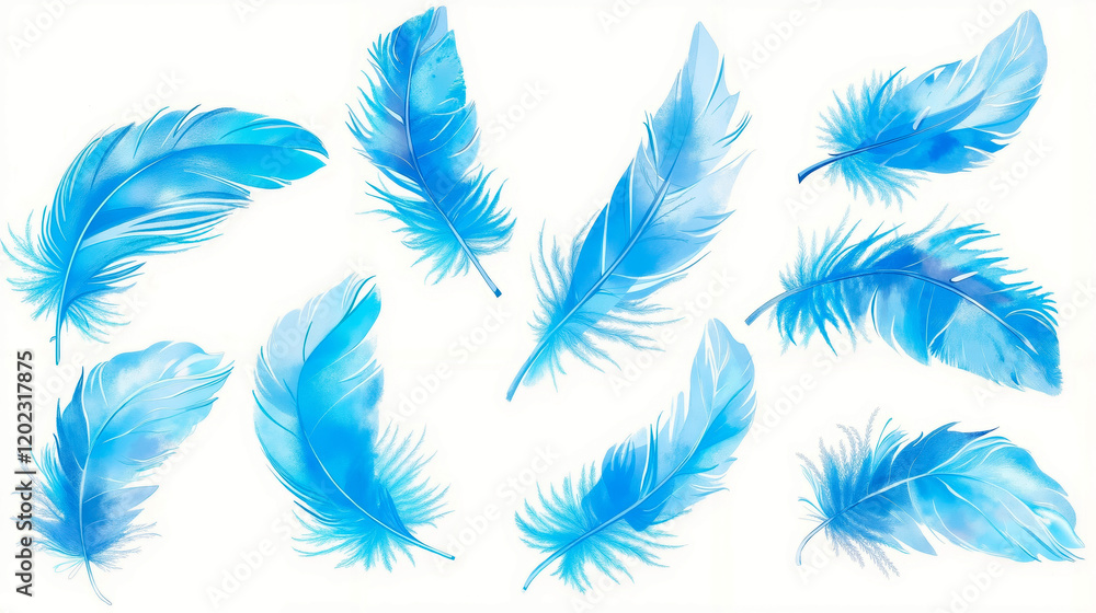 A bunch of blue feathers on a white background A bunch of blue feathers on a white background