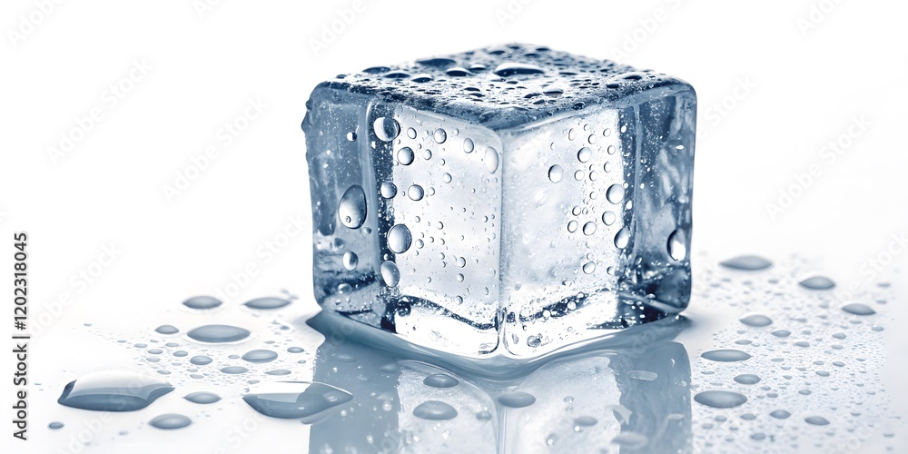 Close-Up of Melting Ice Cube with Water Droplets and Reflection V12 Close-Up of Melting Ice Cube with Water Droplets and Reflection V12