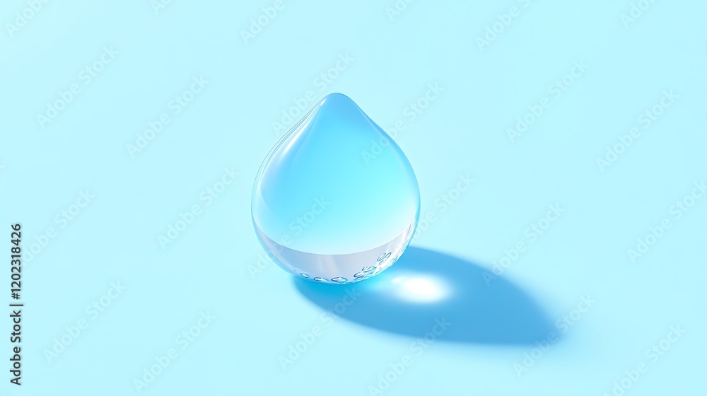 Droplet reflecting radiant light on a clean minimalist blue background Droplet reflecting radiant light on a clean minimalist blue background