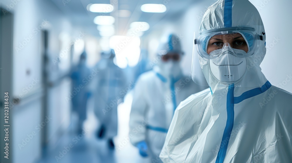 Healthcare professionals in full PPE conducting a patient safety review in a hospital hallway Healthcare professionals in full PPE conducting a patient safety review in a hospital hallway