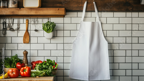 White Apron Hanging in Rustic Kitchen with Fresh Vegetables