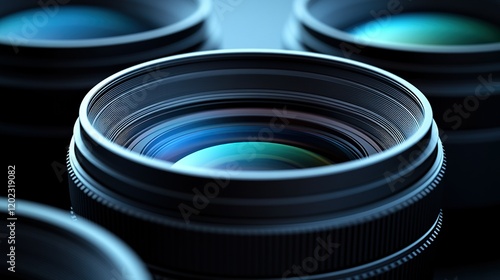 Close-up camera lenses, studio setting, background blurred lenses, photography/videography photo