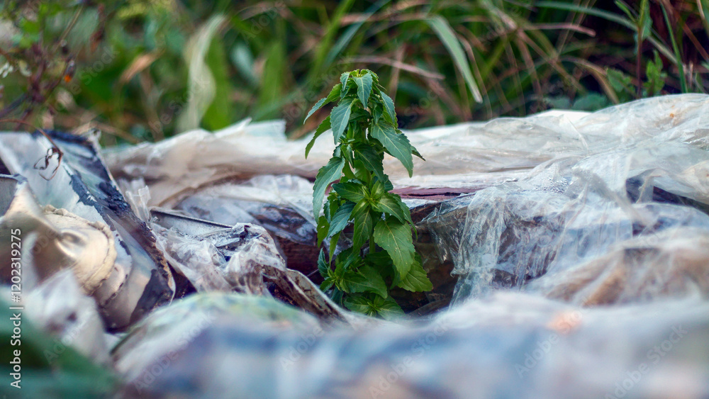 Naklejka premium Plants dying from plastic, the need for recycling and cleaning, environmental pollution, environmental disaster in France, Europe