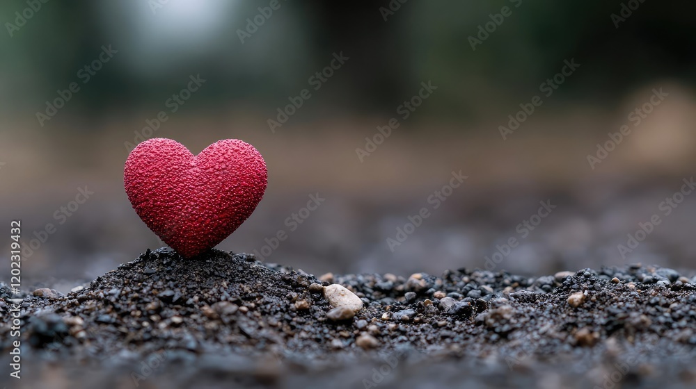 Fototapeta premium Red heart on dark soil, blurred green background. Hope, nature, love, growth, environment