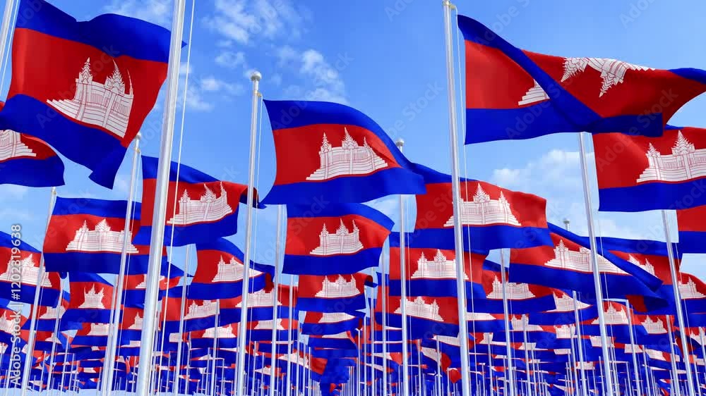 3d rendering Cambodia flags waving in the wind on flagpole. Perspective wiev Cambodia flags waving a blue cloudy sky