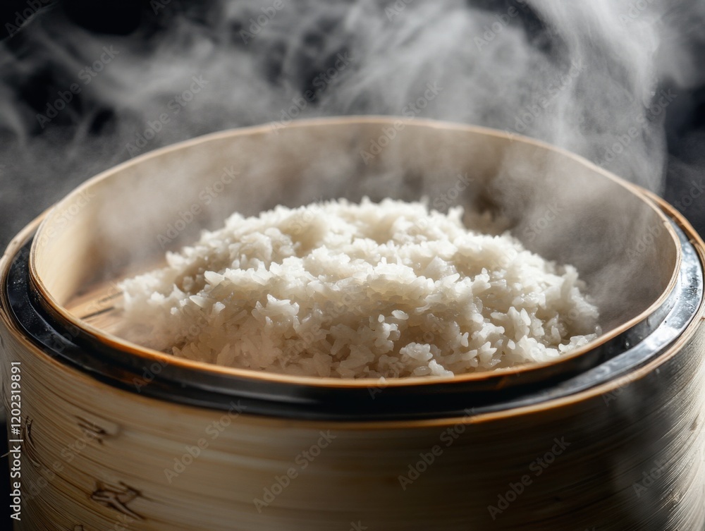 Rice being steamed in a bamboo steamer. Featuring rice being steamed in a bamboo steamer. Highlighting traditional cooking methods and Asian cuisine. Ideal for food and cultural visuals. Rice being steamed in a bamboo steamer. Featuring rice being steamed in a bamboo steamer. Highlighting traditional cooking methods and Asian cuisine. Ideal for food and cultural visuals.