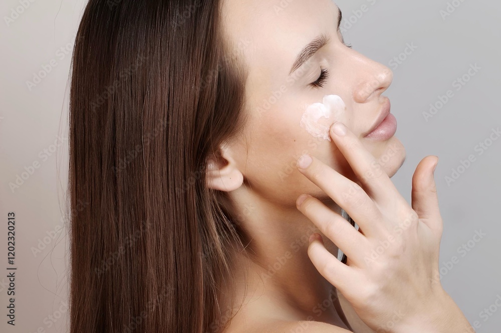 A young beautiful brunette girl applies cream to her face in the shape of a heart on a light background. Self care.
A young beautiful brunette girl applies cream to her face in the shape of a heart on a light background. Self care.