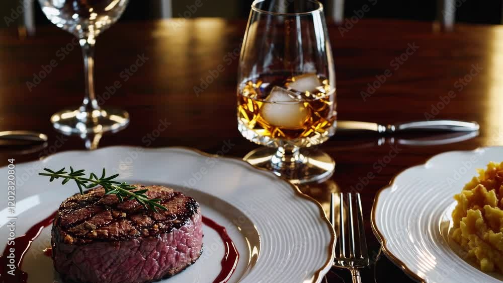 Grilled beef tenderloin with mashed sweet potatoes and a whiskey cocktail in an elegant setting
Grilled beef tenderloin with mashed sweet potatoes and a whiskey cocktail in an elegant setting