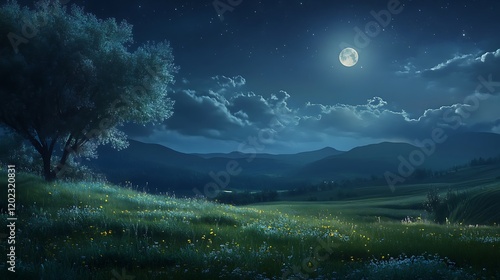Magical landscape with ethereal light shining in a moonlit field