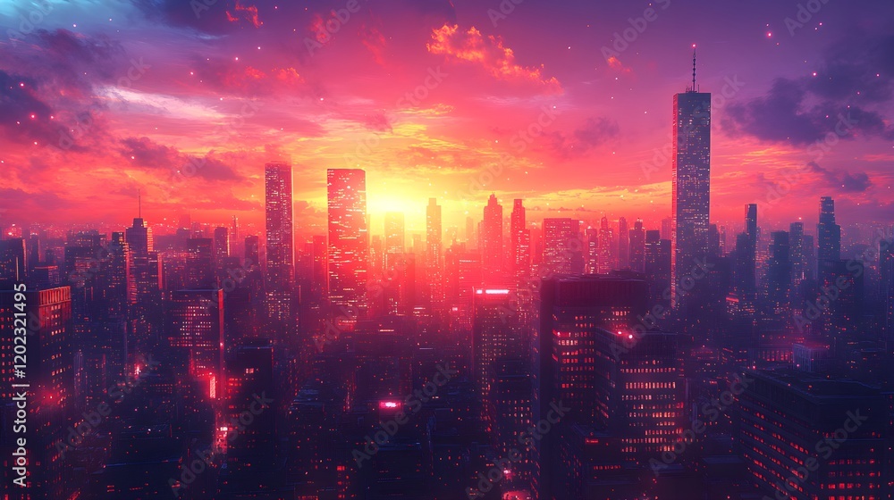 Fototapeta premium Vibrant Cityscape Illustration at Sunset with Modern Skyscrapers - Generative AI