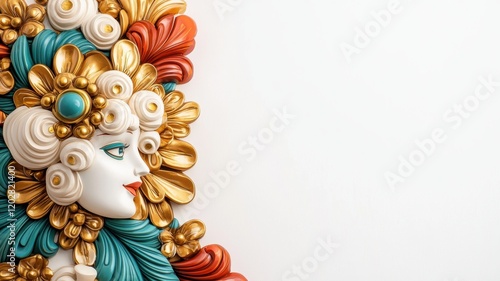The image features a beautifully ornate sculpture of a woman's face surrounded by colorful floral elements, showcasing intricate craftsmanship.