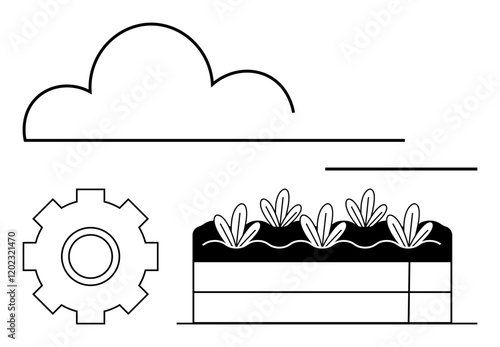 Gear next to layered soil with plants and cloud above symbolizes agriculture, technology, growth. Ideal for farming, sustainability, innovation, eco-technology, gardening climate science. Abstract