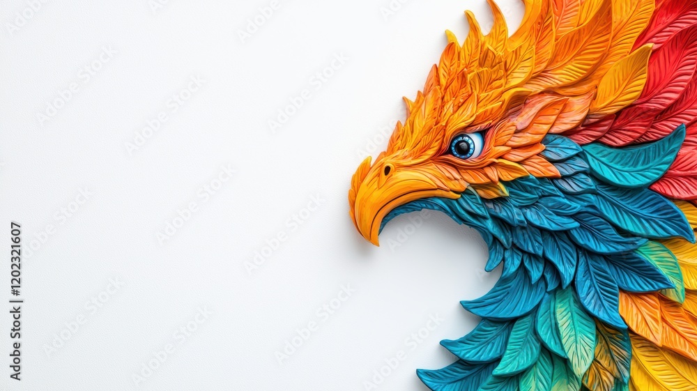 Obraz premium A vibrant, artistic representation of a phoenix, featuring intricate details and a colorful palette of orange, blue, and green against a minimalistic background.