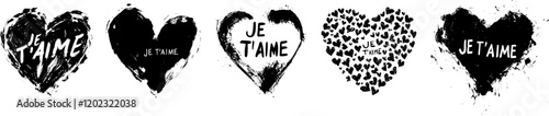 Ensemble de quatre cœurs en encre noire avec le texte "Je T’aime" en lettrage pinceau, incluant des designs de cœurs pleins et en motif