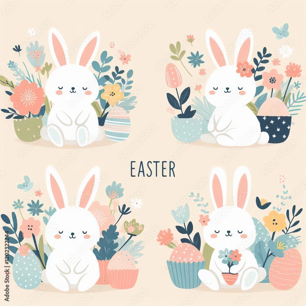 Fototapeta premium Cute flat illustration of Easter bunny with flowers and eggs. easter card 