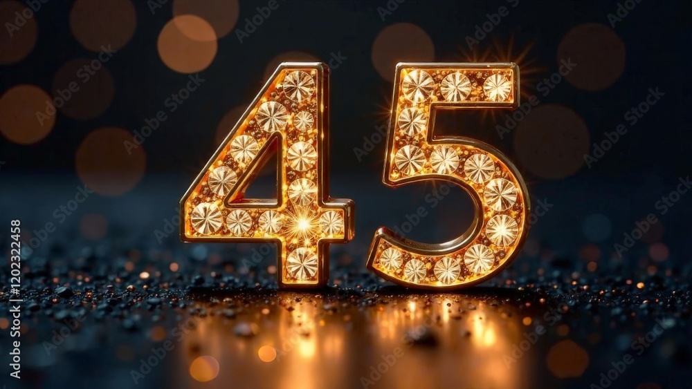 Gold number 45 with diamonds on a background with a side. Gold number 45 with diamonds on a background with a side.