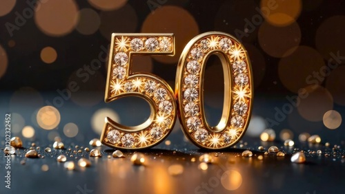 Gold number 50 with diamonds on a background with a side.