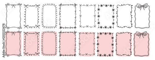 hand drawn doodle pink cute borders for wedding invitation with bows, quirky trendy whimsical frames for girl birthday, wavy borders. Empty cute line frames
