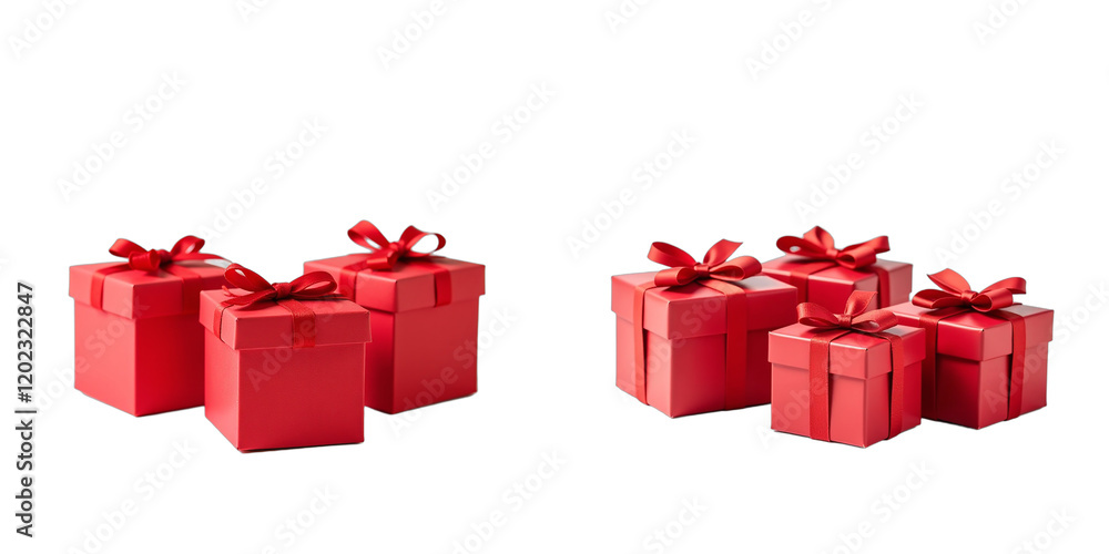 Fototapeta premium Small Christmas Gift Boxes In Festive Red Color Are Isolated Against A Clean And Simple White Background. 00001