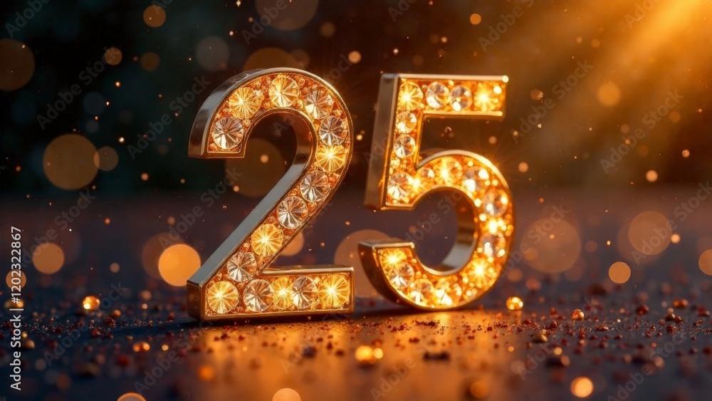 Gold number 25 with diamonds on a background with a side. Gold number 25 with diamonds on a background with a side.