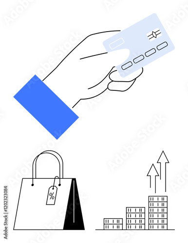 Hand holding a credit card, shopping bag with sale tag, and upward growth chart. Ideal for commerce, finance, retail, consumer spending, sales growth e-commerce economic trends. Abstract line flat