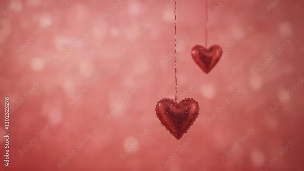 Floating shiny red heart-shaped ornaments hanging by strings against a soft blurred red background, glowing with warm light reflections. Floating shiny red heart-shaped ornaments hanging by strings against a soft blurred red background, glowing with warm light reflections.